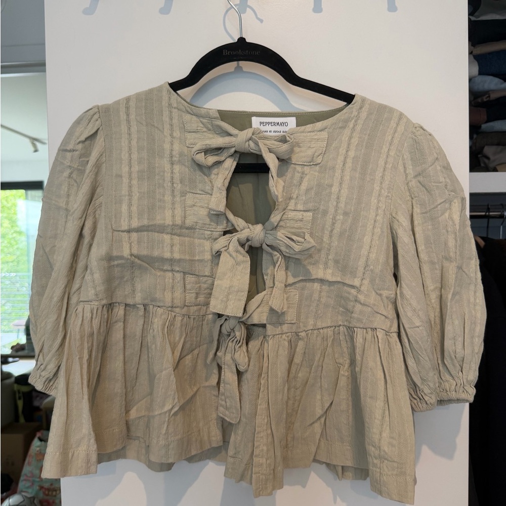 Peppermayo Taupe Tie-Front Peasant Blouse with Puff Sleeves